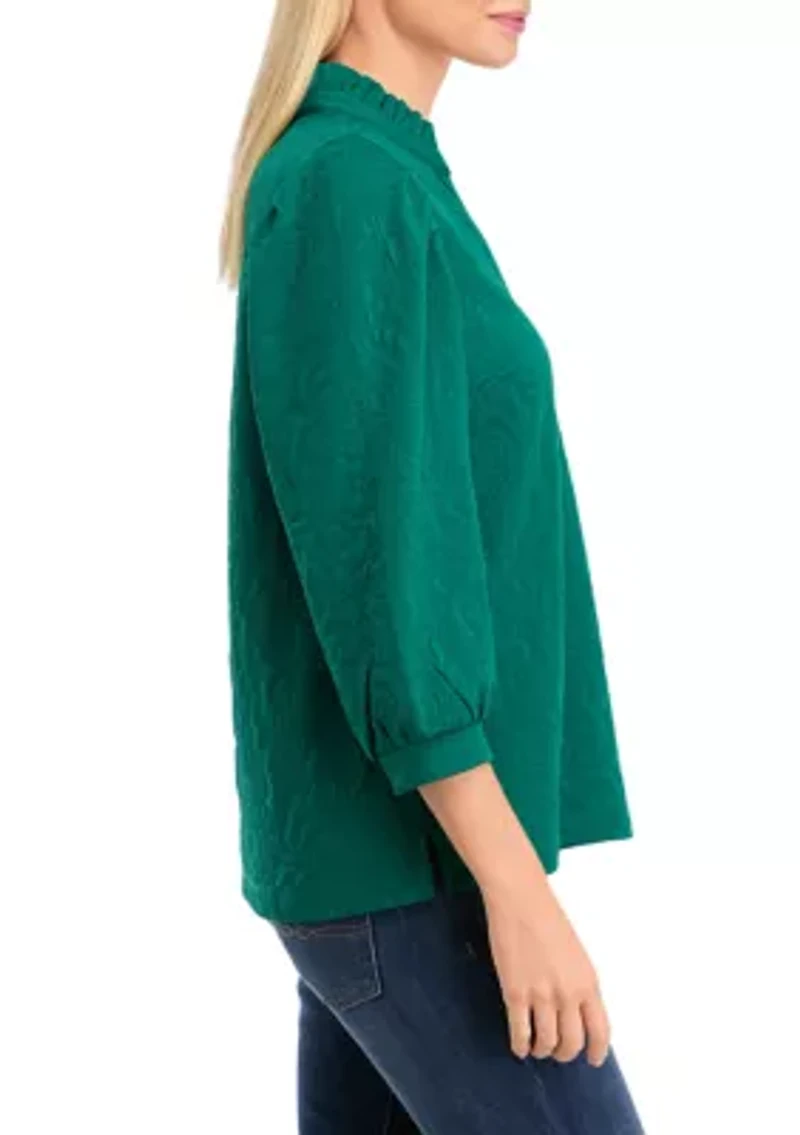Women's 3/4 Sleeve Jacquard Ruffle Neck Top