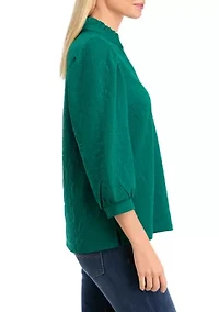 Women's 3/4 Sleeve Jacquard Ruffle Neck Top
