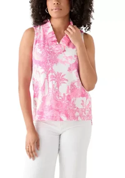 Women's Sleeveless Ruffle Neck Printed Top