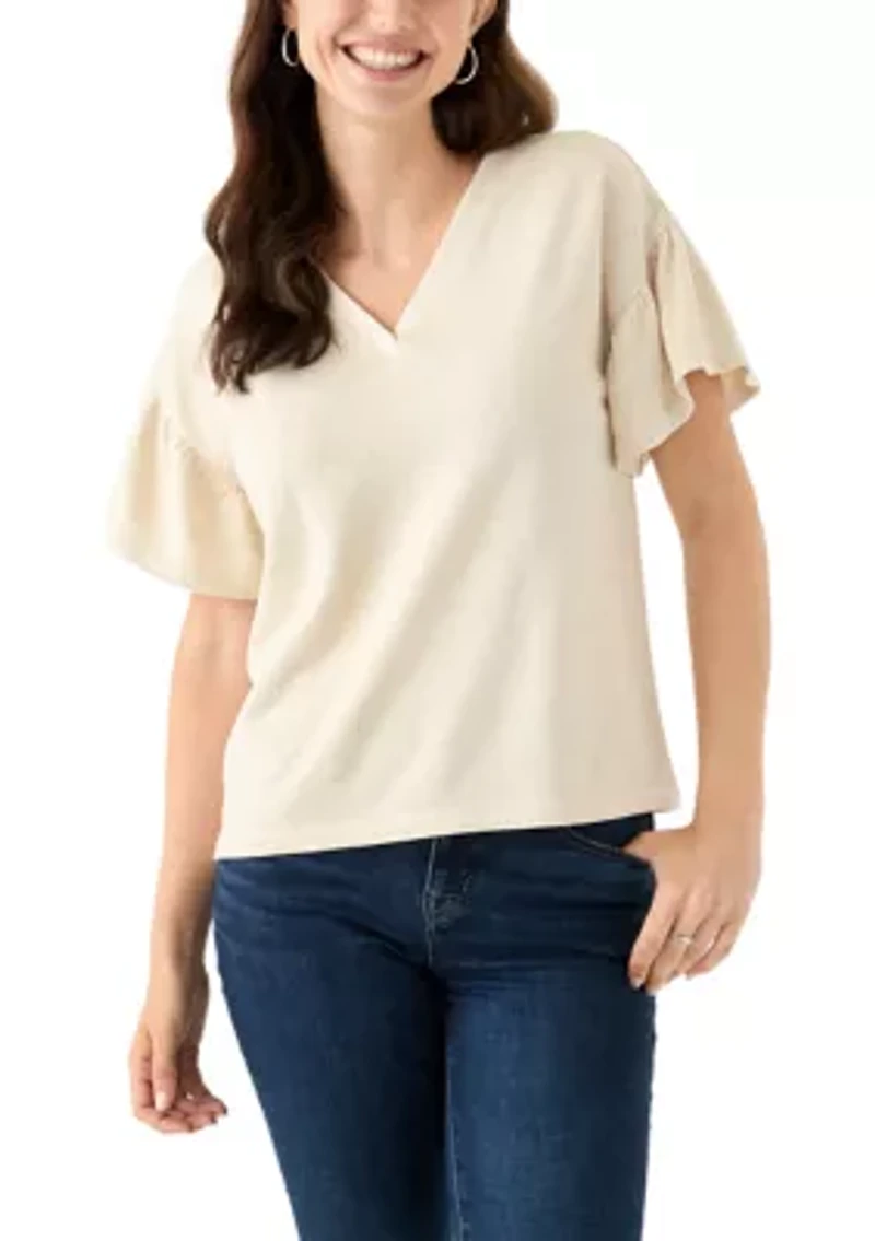 Women's Short Ruffle Sleeve V-Neck Top