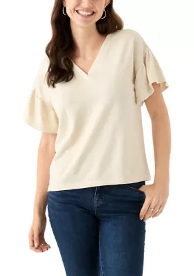 Women's Short Ruffle Sleeve V-Neck Top