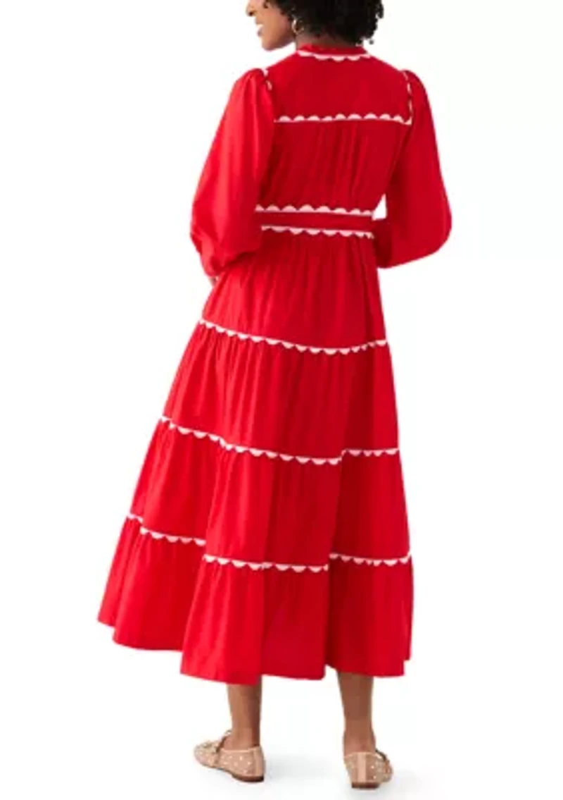 Women's Long Sleeve Scallop Trim Shirt Dress