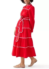 Women's Long Sleeve Scallop Trim Shirt Dress