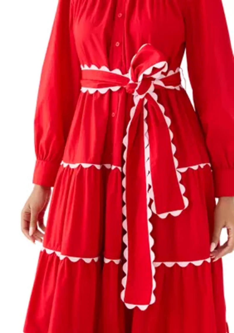 Women's Long Sleeve Scallop Trim Shirt Dress