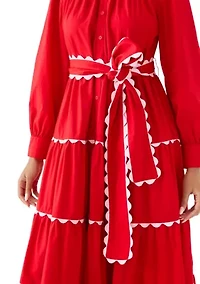 Women's Long Sleeve Scallop Trim Shirt Dress