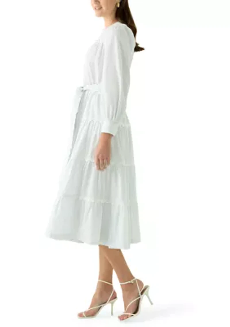 Women's Long Sleeve Scallop Trim Shirt Dress