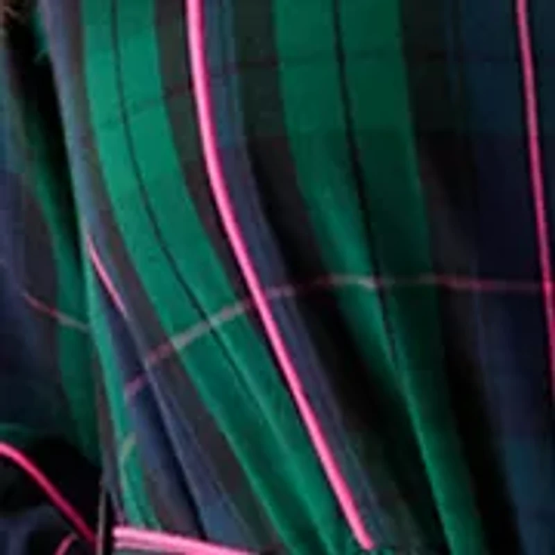 Women's Blouson Sleeve Plaid Midi Dress with Self Belt