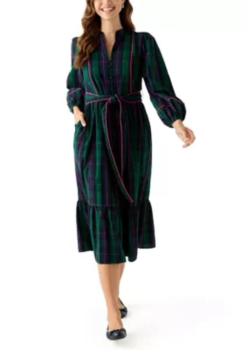 Women's Blouson Sleeve Plaid Midi Dress with Self Belt