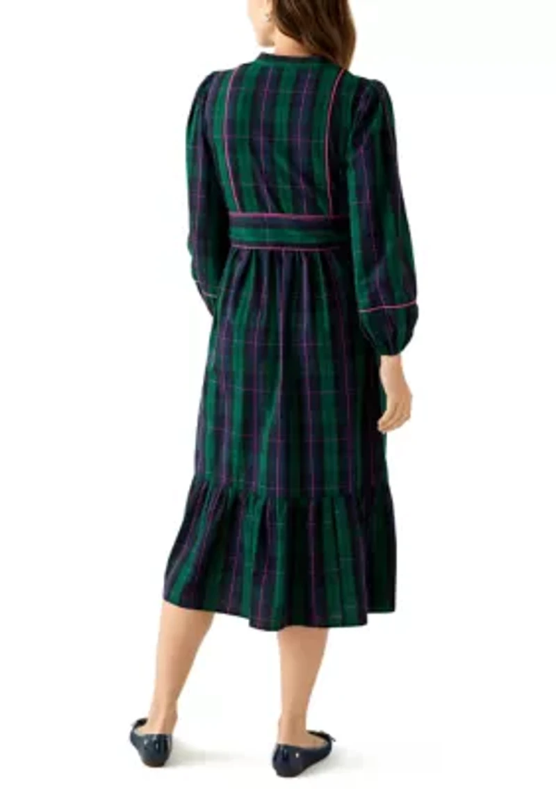 Women's Blouson Sleeve Plaid Midi Dress with Self Belt