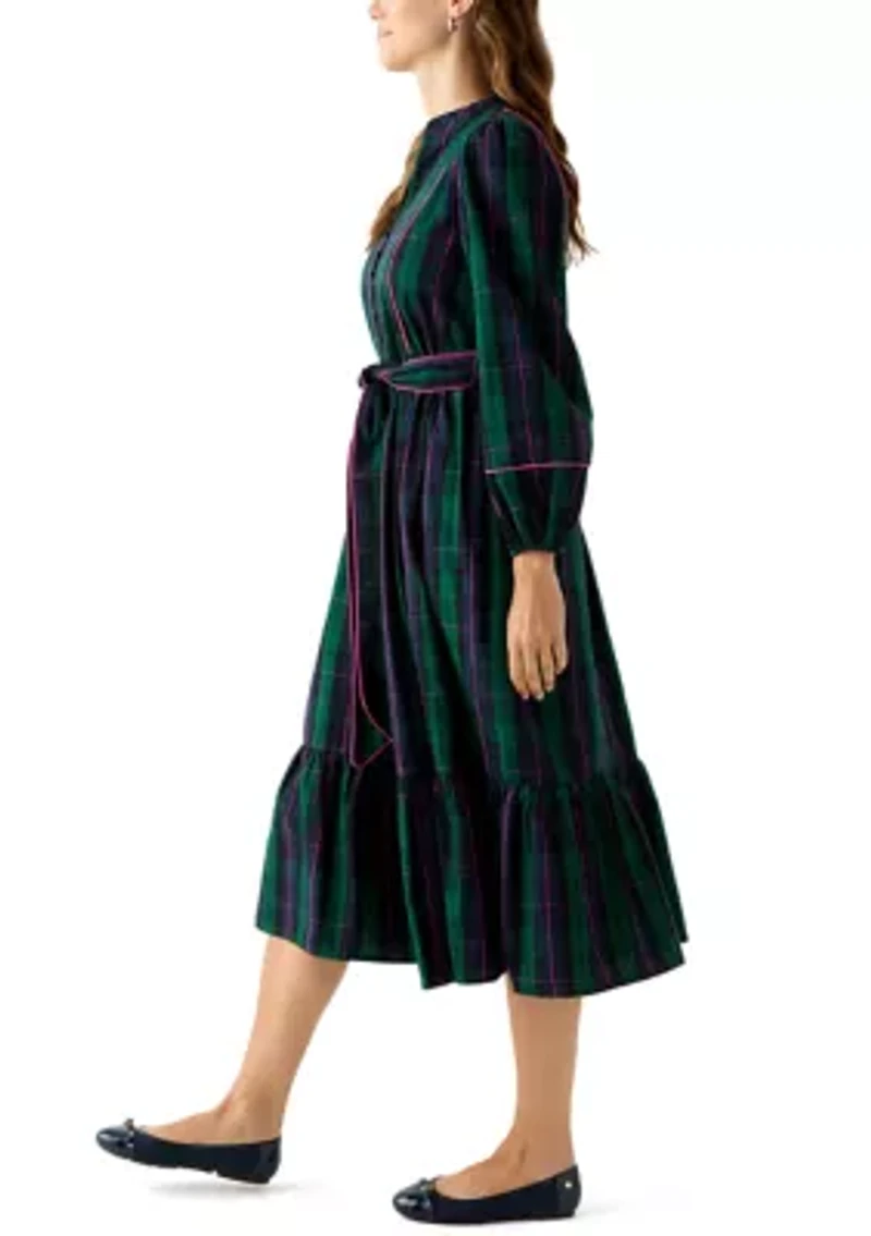 Women's Blouson Sleeve Plaid Midi Dress with Self Belt