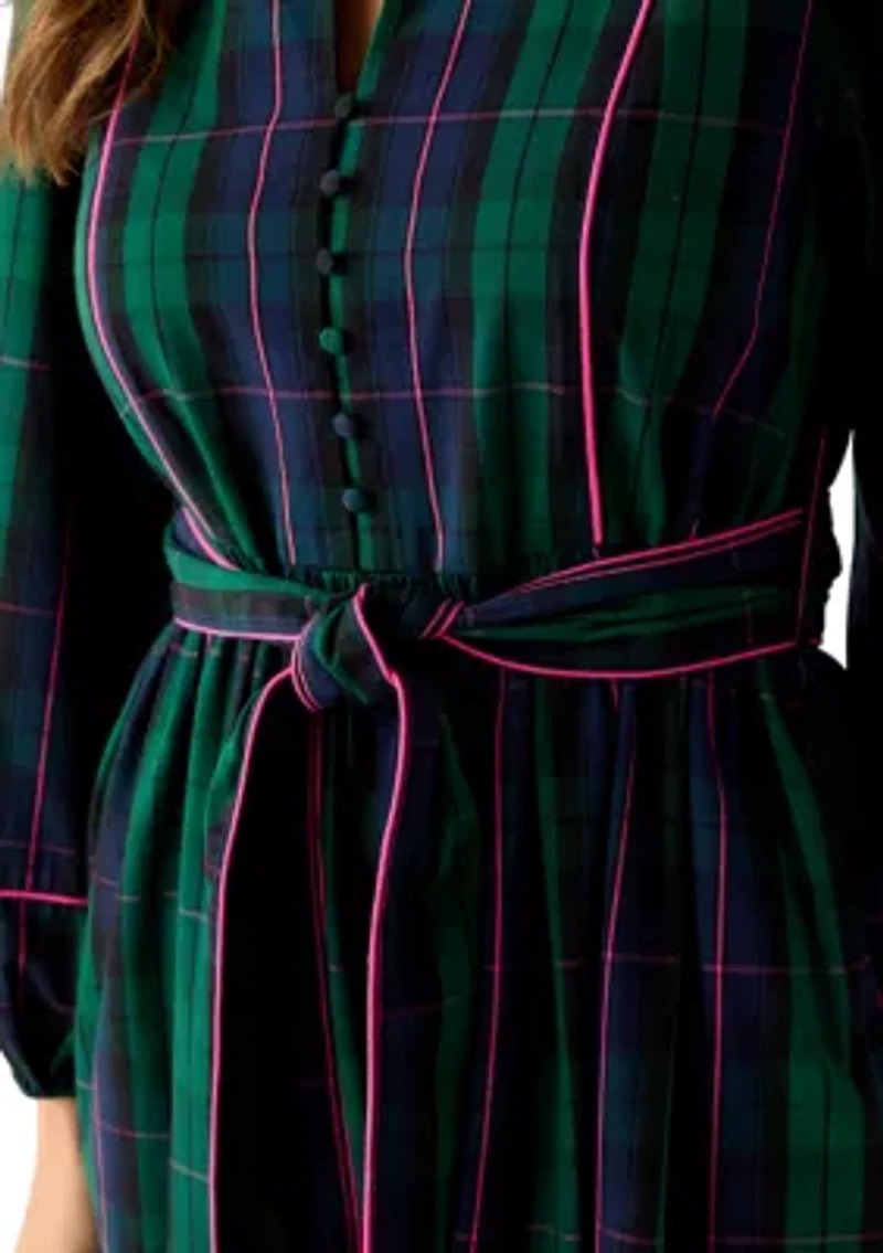 Women's Blouson Sleeve Plaid Midi Dress with Self Belt