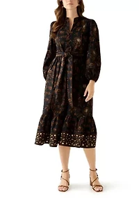 Women's Blouson Sleeve Foil Floral Print Midi Dress