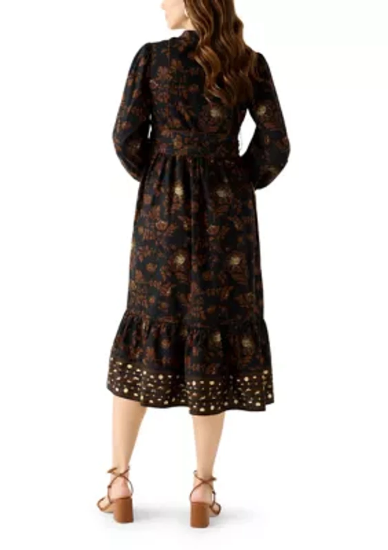 Women's Blouson Sleeve Foil Floral Print Midi Dress