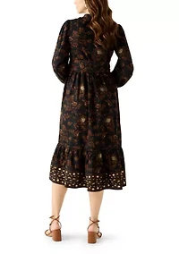 Women's Blouson Sleeve Foil Floral Print Midi Dress