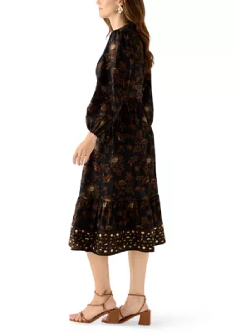Women's Blouson Sleeve Foil Floral Print Midi Dress
