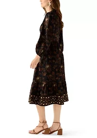 Women's Blouson Sleeve Foil Floral Print Midi Dress