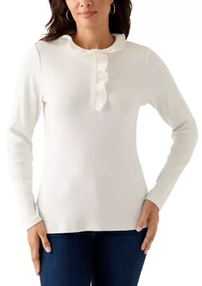 Women's Long Sleeve Embroidered Ruffle Neck Top