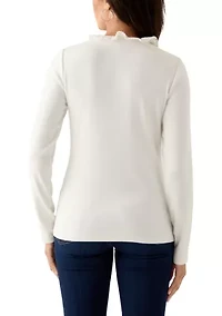 Women's Long Sleeve Embroidered Ruffle Neck Top
