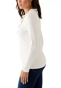 Women's Long Sleeve Embroidered Ruffle Neck Top