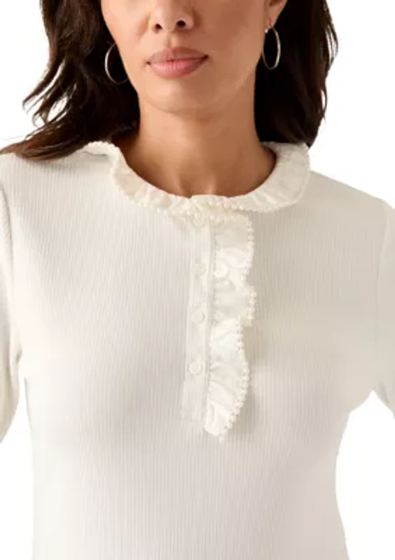 Women's Long Sleeve Embroidered Ruffle Neck Top