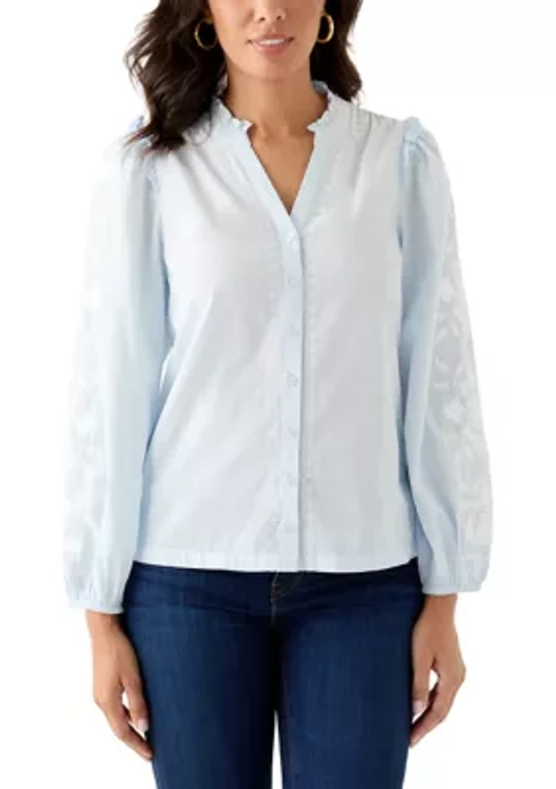 Women's Long Sleeve Embroidered Split Neck Blouse