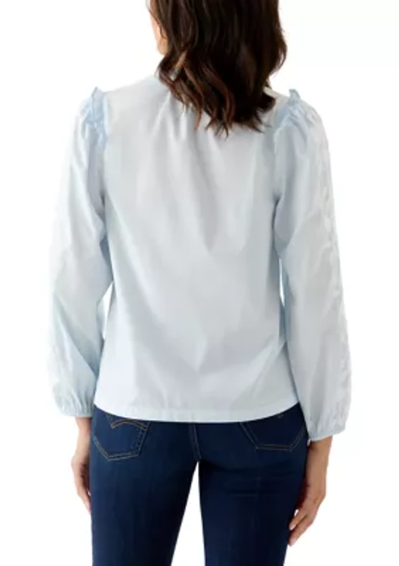 Women's Long Sleeve Embroidered Split Neck Blouse