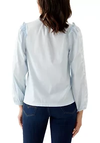 Women's Long Sleeve Embroidered Split Neck Blouse