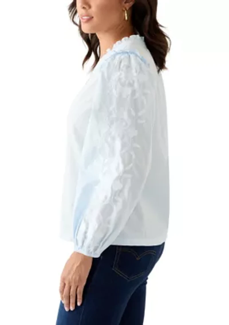 Women's Long Sleeve Embroidered Split Neck Blouse