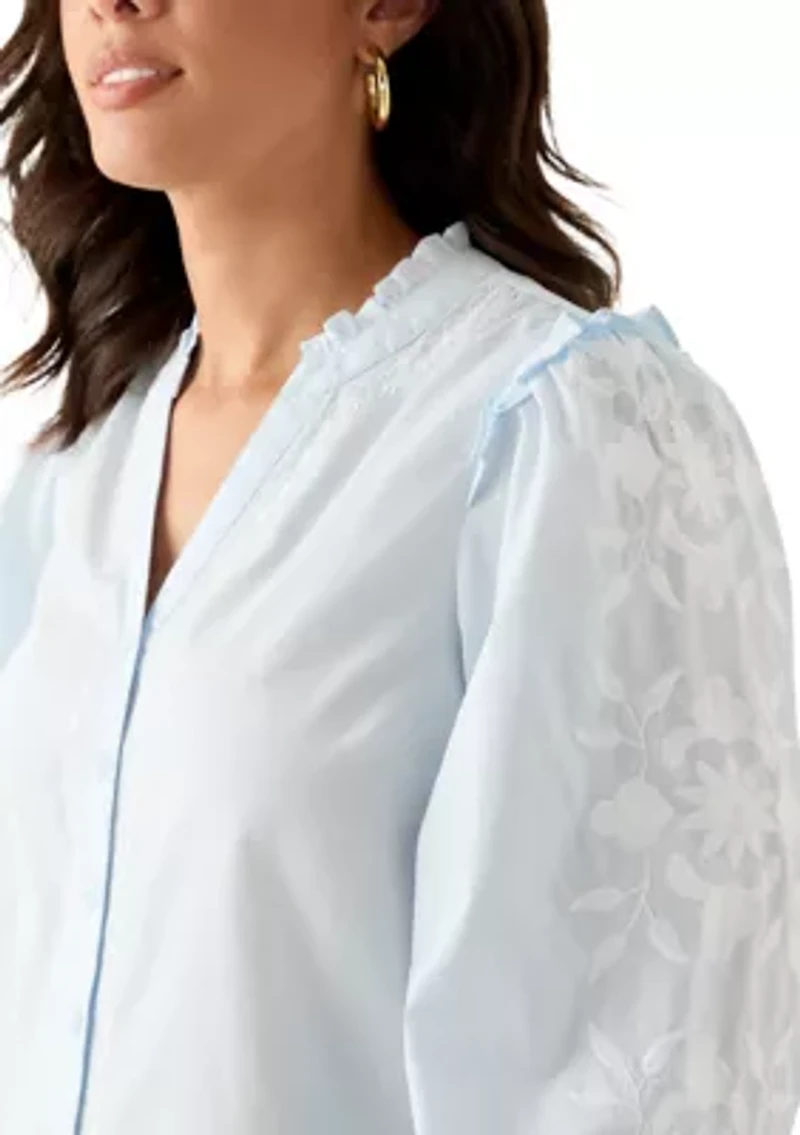 Women's Long Sleeve Embroidered Split Neck Blouse