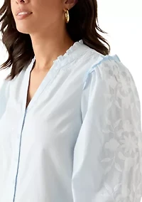 Women's Long Sleeve Embroidered Split Neck Blouse