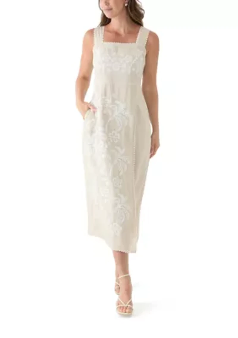 Women's Sleeveless Linen Tank Embroidered Dress