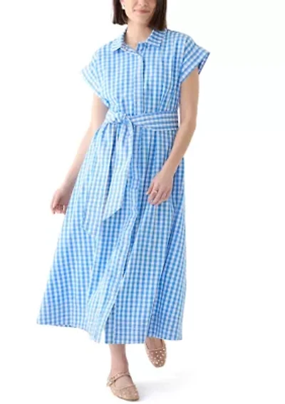 Women's Short Sleeve Gingham Belted Midi Dress