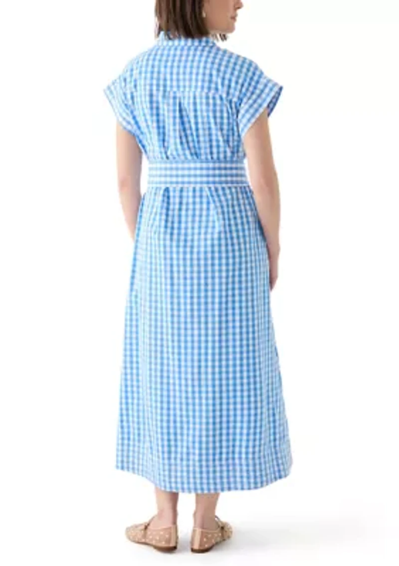 Women's Short Sleeve Gingham Belted Midi Dress