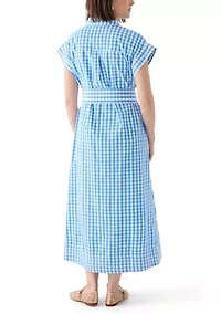 Women's Short Sleeve Gingham Belted Midi Dress