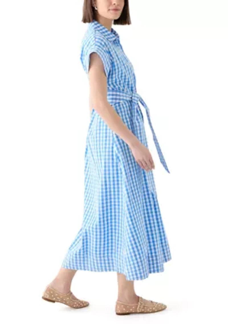 Women's Short Sleeve Gingham Belted Midi Dress
