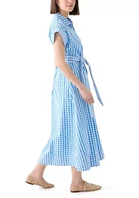 Women's Short Sleeve Gingham Belted Midi Dress