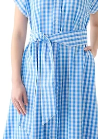 Women's Short Sleeve Gingham Belted Midi Dress