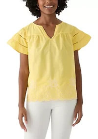 Women's Embroidered Scalloped Hem Top
