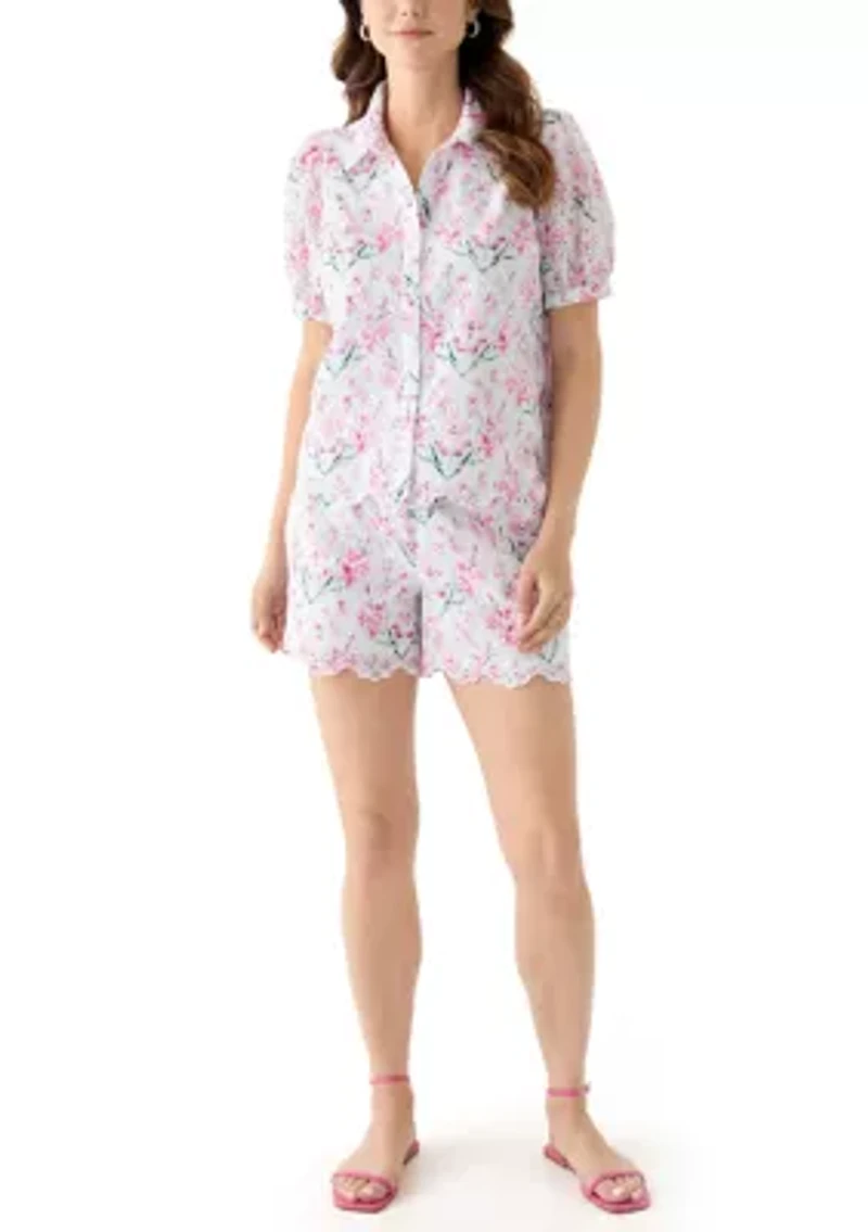 Women's Short Sleeve Eyelet Button Front Top