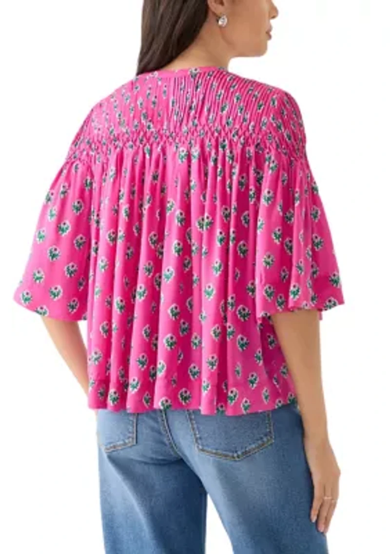 Women's 3/4 Flutter Sleeve Pintuck Printed Top