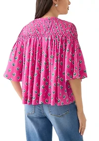 Women's 3/4 Flutter Sleeve Pintuck Printed Top