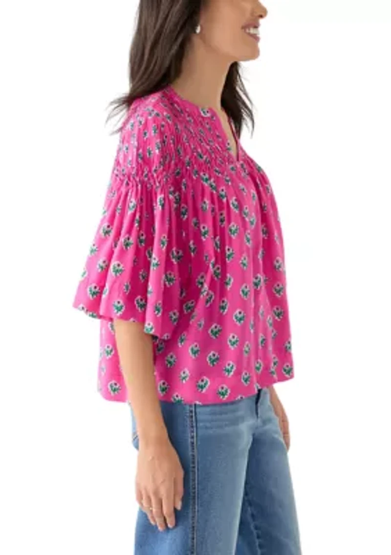 Women's 3/4 Flutter Sleeve Pintuck Printed Top