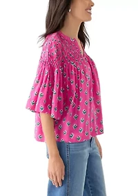 Women's 3/4 Flutter Sleeve Pintuck Printed Top