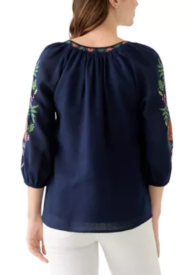 Women's 3/4 Embroidered Sleeve Top