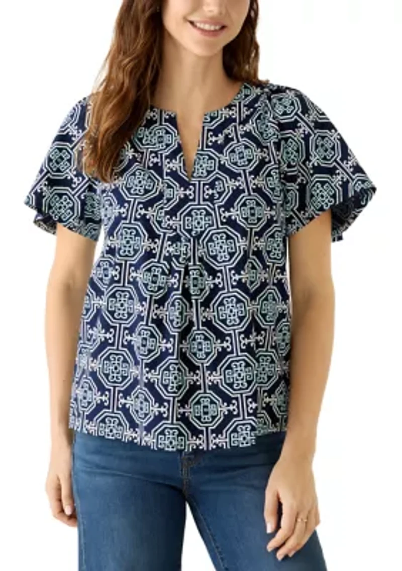 Women's Elbow Sleeve Split Neck Print Top