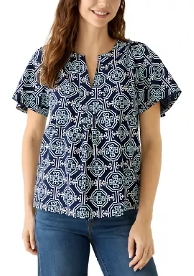 Women's Elbow Sleeve Split Neck Print Top