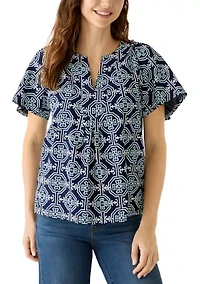 Women's Elbow Sleeve Split Neck Print Top
