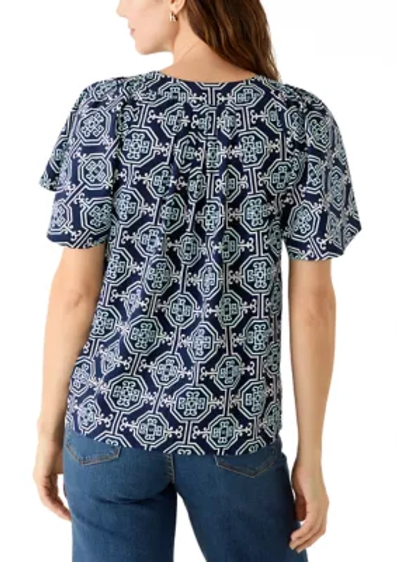 Women's Elbow Sleeve Split Neck Print Top