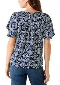 Women's Elbow Sleeve Split Neck Print Top