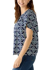 Women's Elbow Sleeve Split Neck Print Top